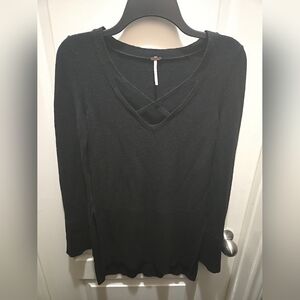 Free People Womens Tunic Sweater Black Linen Blend Criss Cross VNeck Top